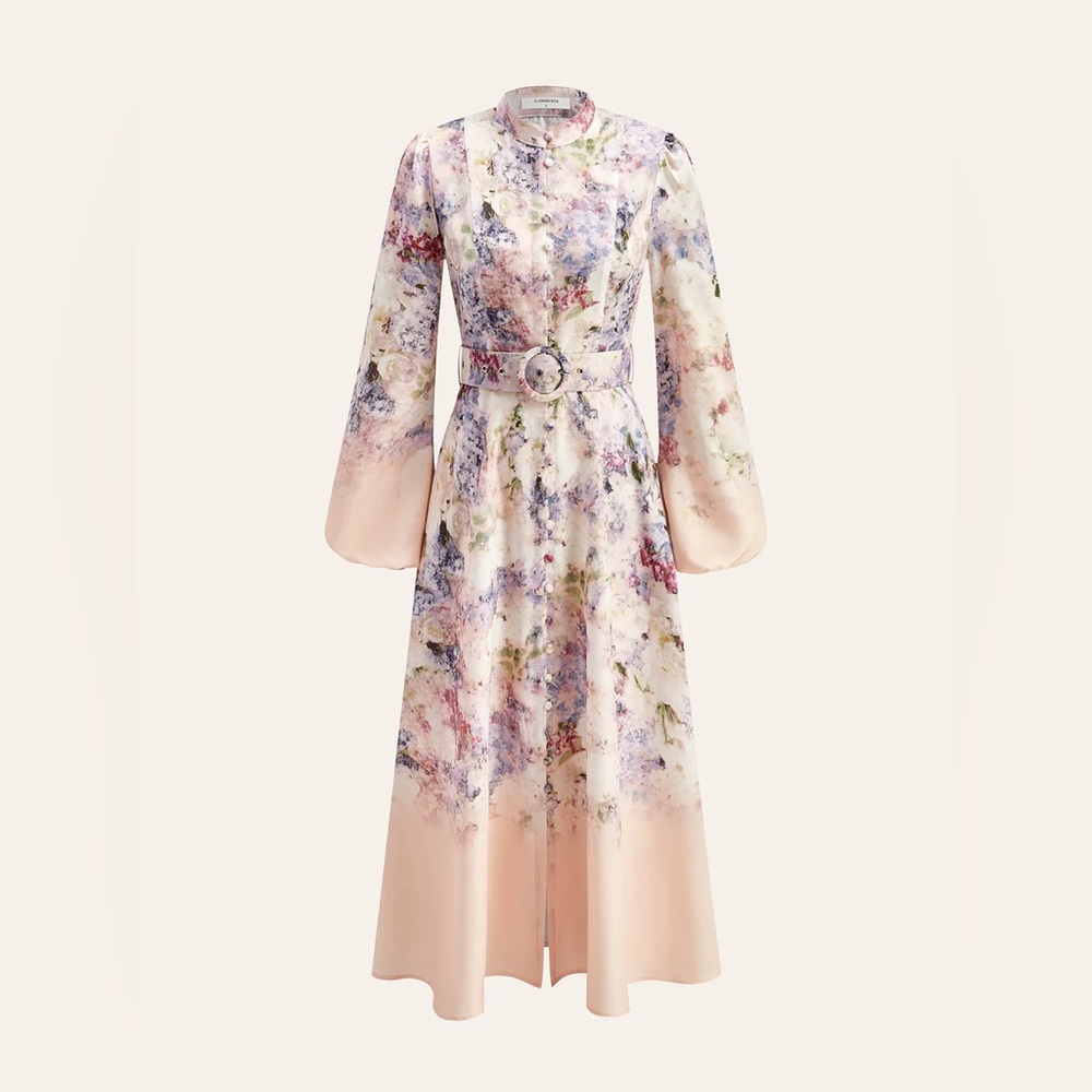 Commense Belted Balloon Sleeve Floral Dress
